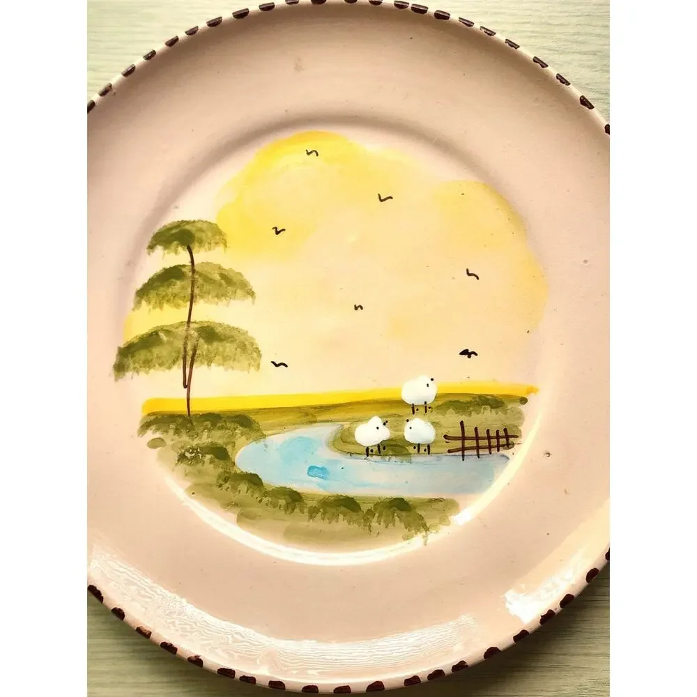 Vintage Handmade Hand Painted Art Pottery Plates Set 2 Raised Sheep Chicken Farm